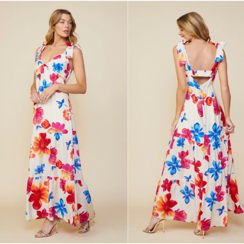 Skies Are Blue Floral Maxi Dress Tie Strap Cutout Back Summer Sundress XS Garden